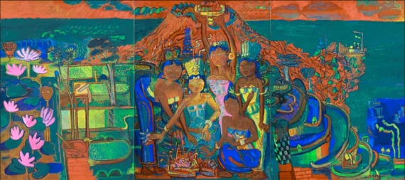 Mountain Agung With Praying Balinese Women
