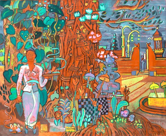 Balinese Women And A Sacred Banyan Tree